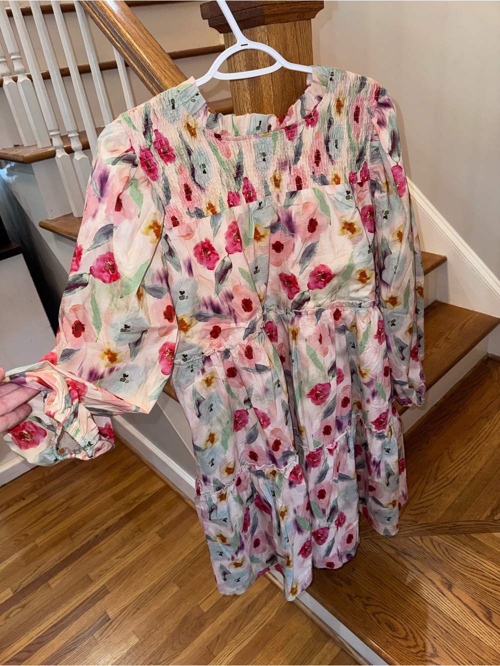 Smocked Floral Long-Sleeve Pink Tiered Dress